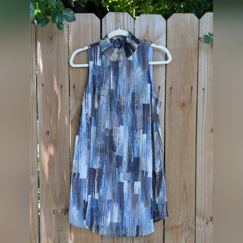 The Impeccable Pig Blue Gray Abstract Watercolor Sleeveless Mock Neck Dress